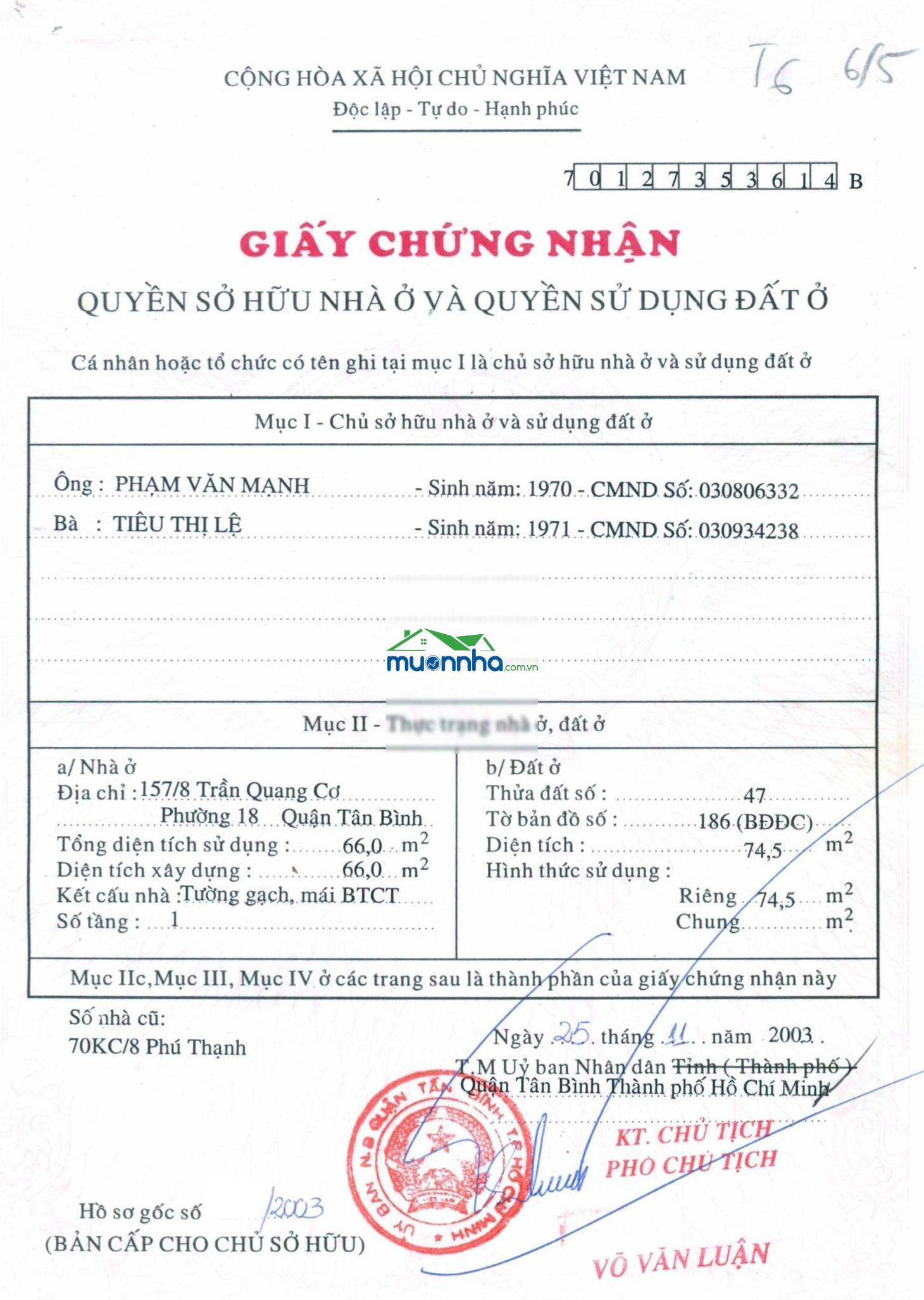 Bán nhà riêng tại 165/8 trần quang cơ, 7,2 tỷ, 74,5m2, 4pn, 3wc - 4