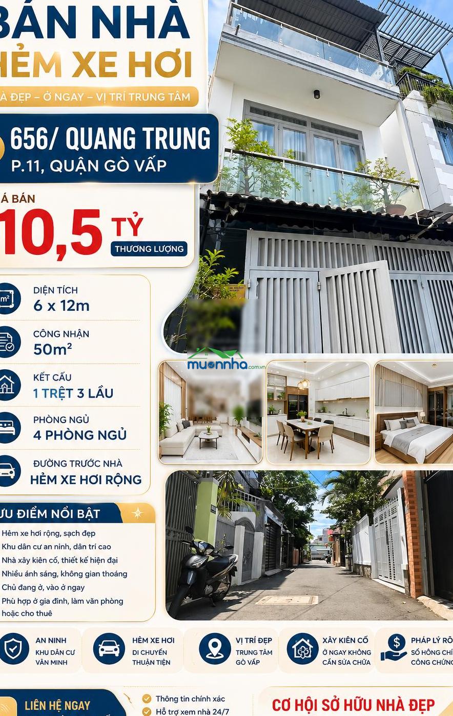 Gấp! hxh 656 quang trung p11, 6x12m ~ 50m², 4 tầng 4pn nhà đẹp, kd đa nghành nghề, giá 10,5 tỷ tl