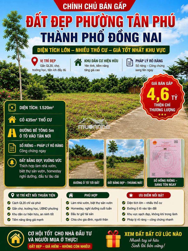 Bán gấp đất thổ cư tân phú đồng nai 1520m2 sổ riêng