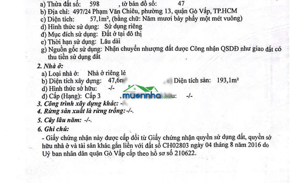 Bán nr 4pn, 4wc, 57.1m2, 8,1 tỷ ở phạm văn chiêu, gò vấp, hcm