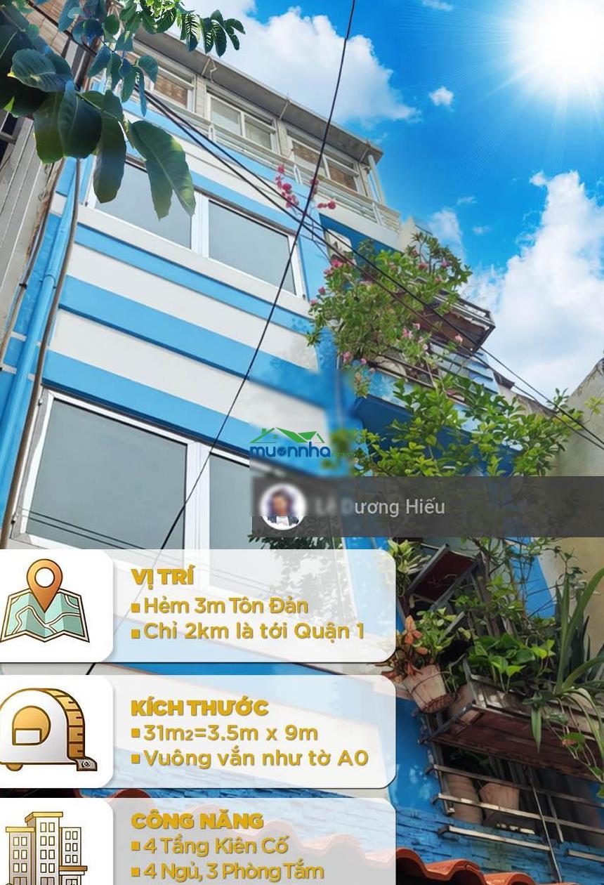 Bán nhà tôn đản đẹp+xinh 4 tầng. 4 phòng ngủ.31m2. 3.5mx9m. hẻm gần 3m. không quy hoạch. sát quận 1