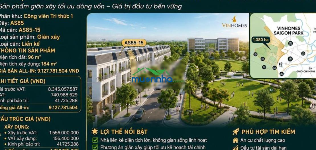Bán liền kề giãn xây vinhomes saigon park 96m² giá 9,128 tỷ | dãy as85 - 3