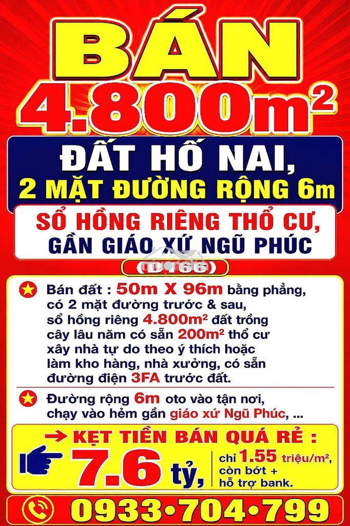 Bán rẻ 4800m2 đất hố nai, đồng nai, 2 mặt đường rộng 6m sổ hồng thổ cư