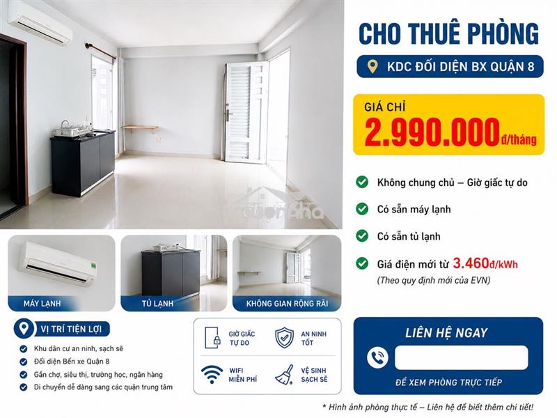Cho thuê phòng trọ - kdc đối diện bx quận 8