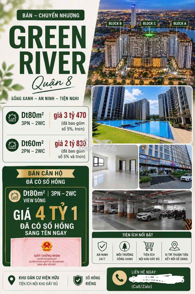 Chính chủ bán ch green river dt80m2/ 3pn giá 3tỷ230 view sông quận 8