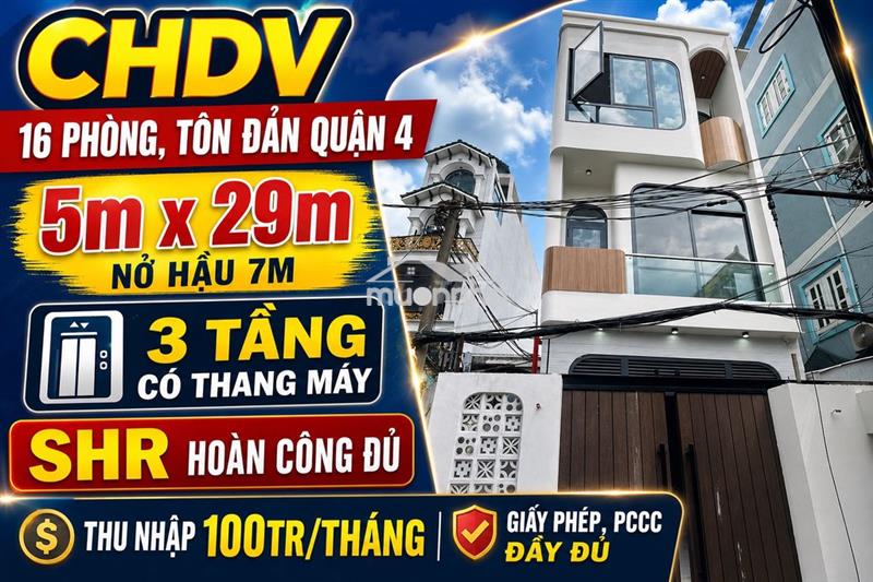 Cực hiếm! chdv 16 phòng, 3 tầng thang máy, tôn đản q4, shr, nhỉnh 16tỷ