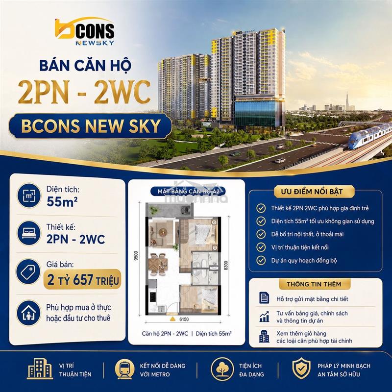 Căn 2pn - 2wc bcons new sky | 55m² | giá 2 tỷ 657 triệu