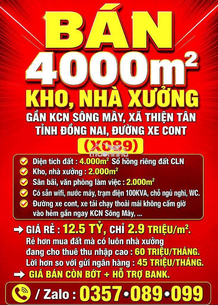 Bán 4000m2 kho, nhà xưởng thiện tân gần kcn sông mây, đồng nai,sổ hồng