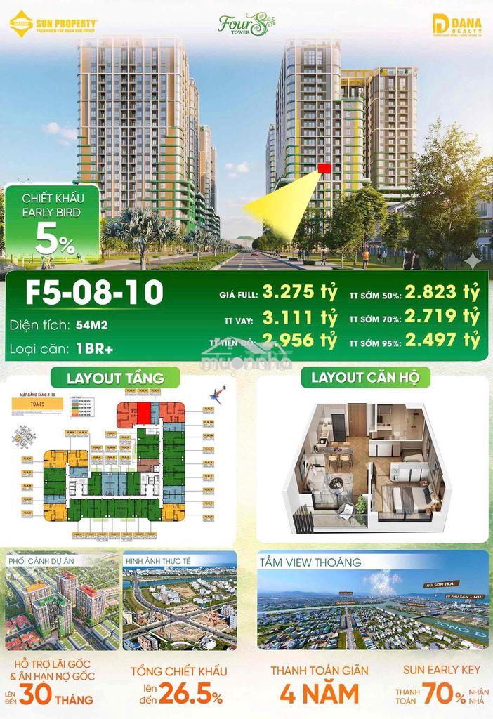 Chính chủ bán căn 1pn+ 54m2 fours view pháo hoa rẻ nhất cđt sun group