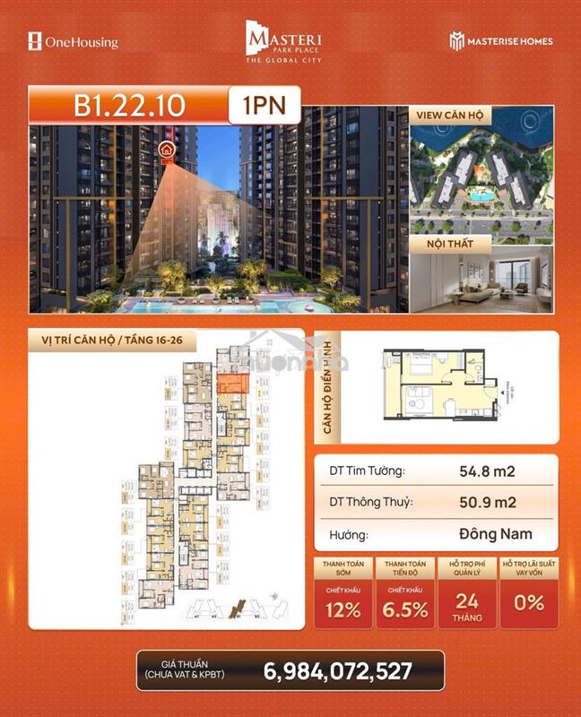 Chính chủ cần tiền bán gấp cắt lỗ 400tr căn 1pn+  masteri park place