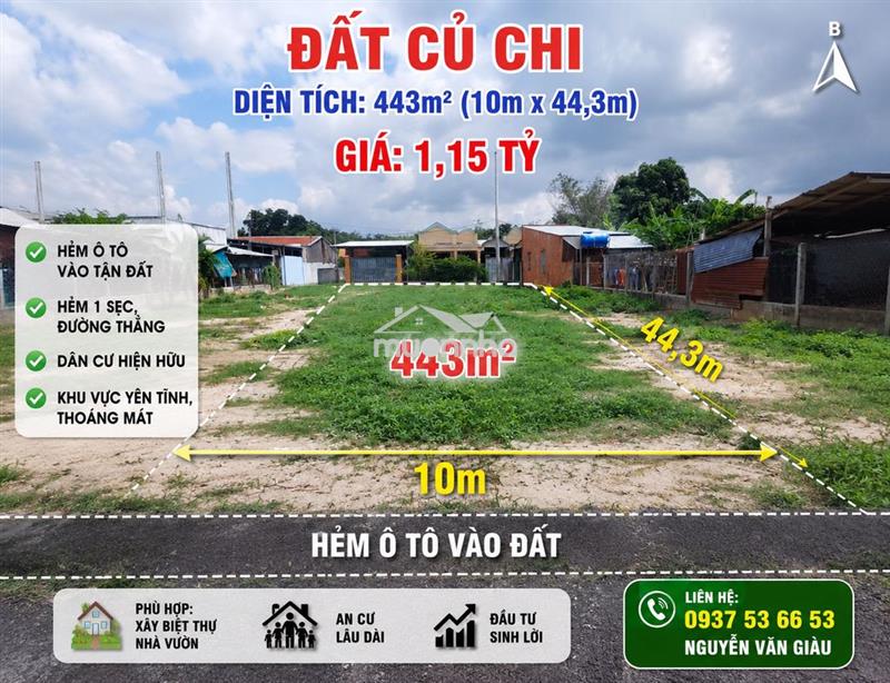 Đất củ chi 443m² ngang 10m ô tô vào đất chỉ 1,15 tỷ