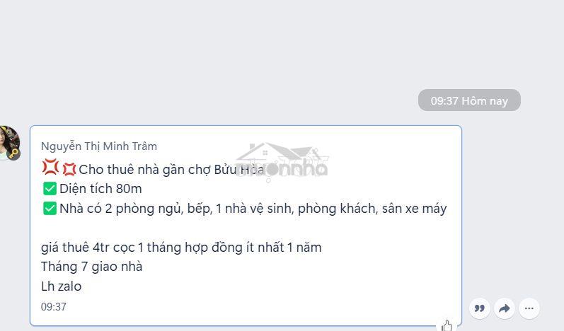 Cho thuê nhà phường bửu hòa giá 4 triệu