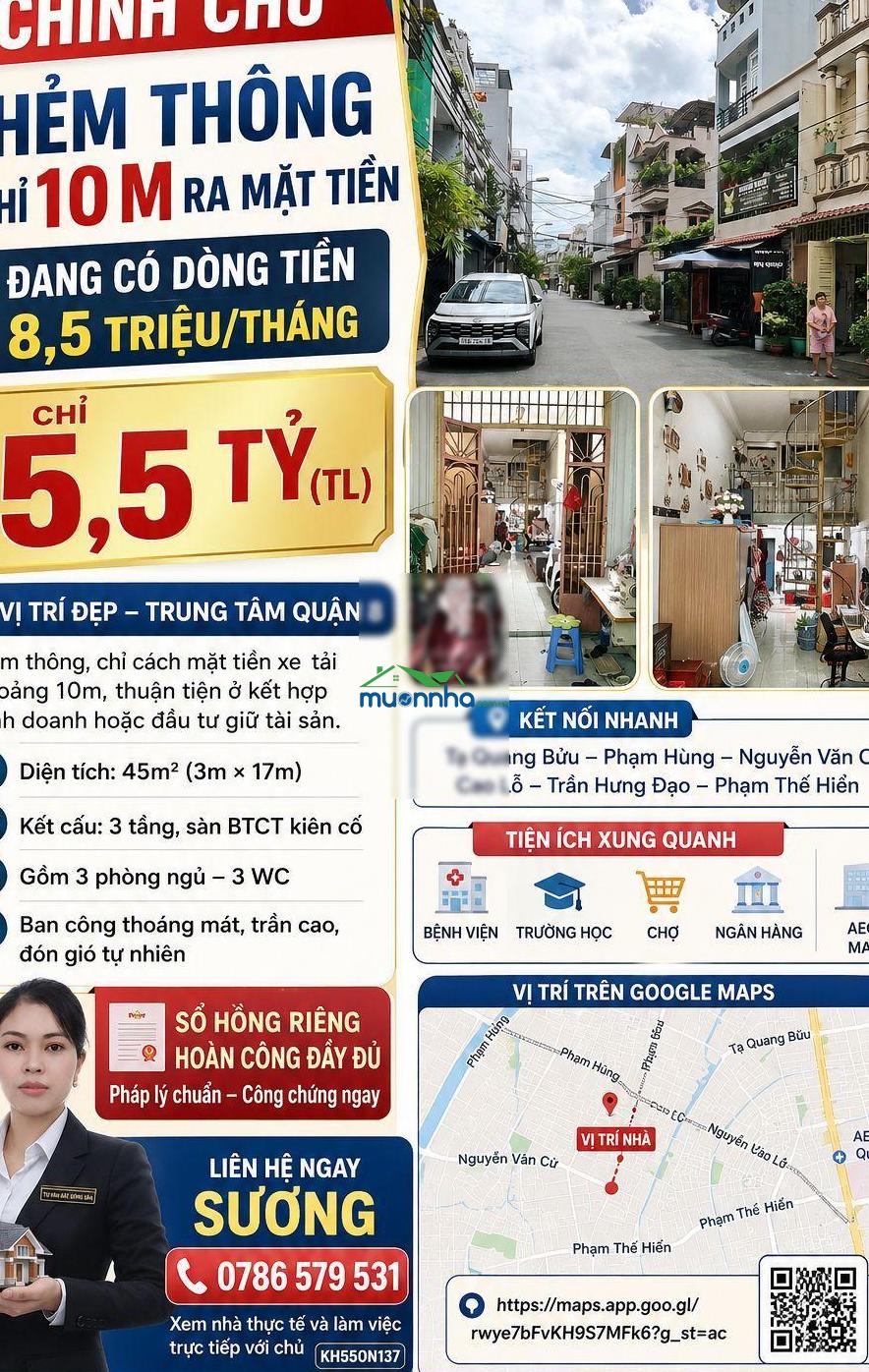 Chính chủ hẻm thông chỉ 10m ra mặt tiền âu dương lân đang có dòng tiền 8,5 triệu/th chỉ 5,5 đồng