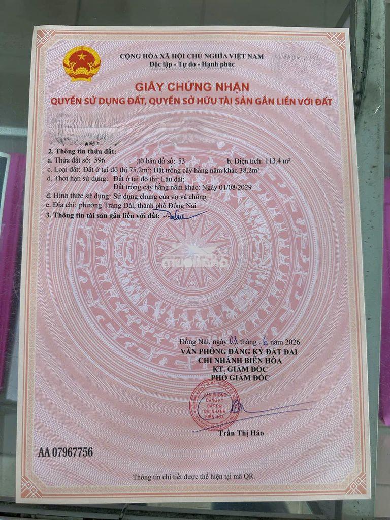 Bán đất thổ cư 113m2 kp5a trảng dài - giá 3350 gần đường nguyễn khuyến