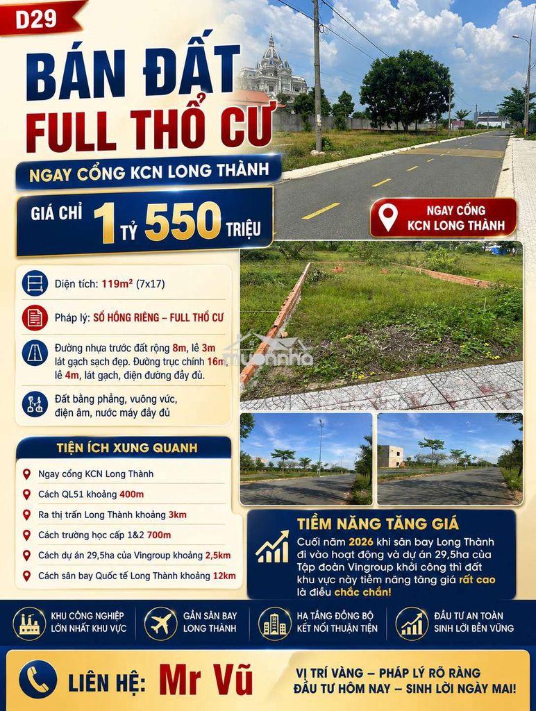 Đất thổ cư ngang 7m tại long thành dt 119m² giá 1.55 ty - 2
