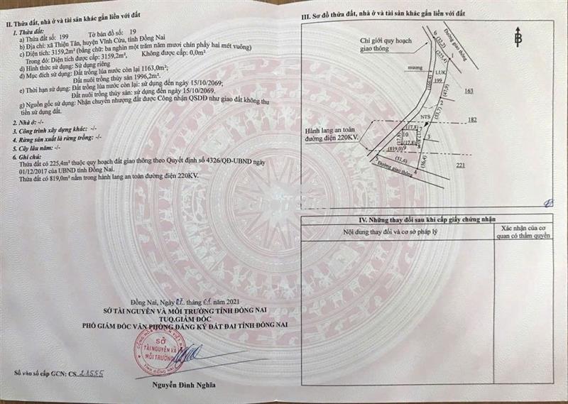 Bán đất 3159m2 ở thiện tân, vĩnh cửu, giá 5 tỷ