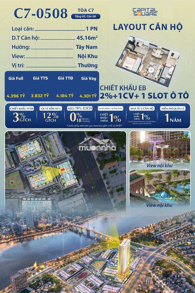 Căn 1pn/45.16m2 giá từ 3.832 tỷ bên cạnh sông hàn - capital square