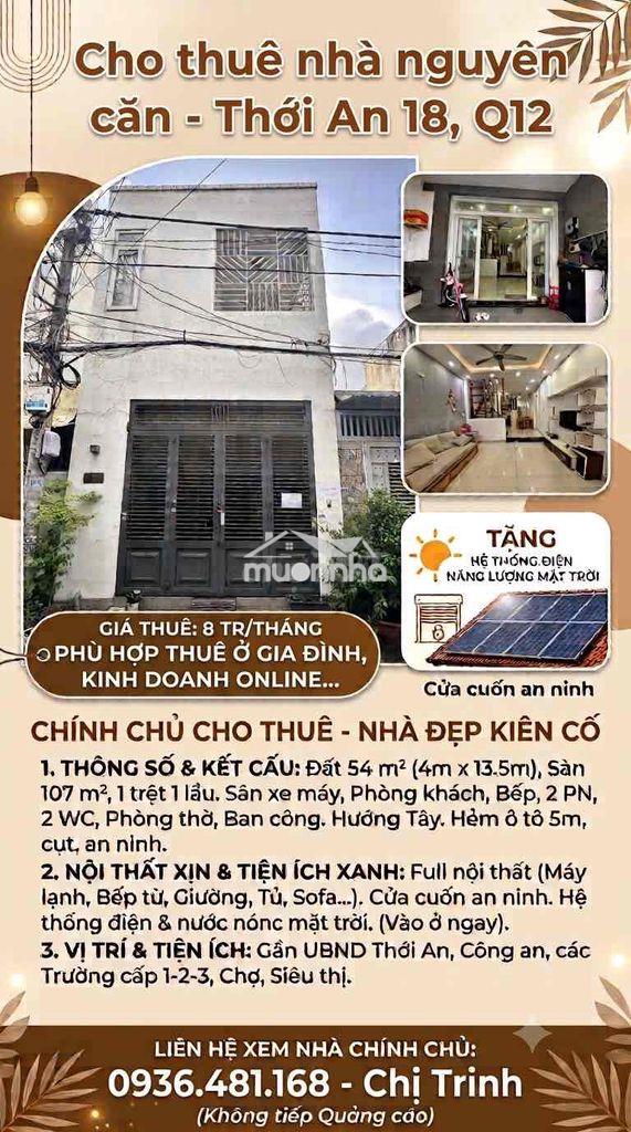 Chính chủ cho thuê nhà đẹp nguyên căn tâm huyết – thới an 18, phường t