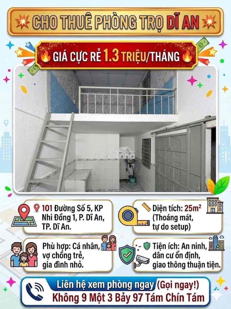 Phòng trọ dĩ an 25m² chỉ 1.3 triệu – dọn vào ở ngay